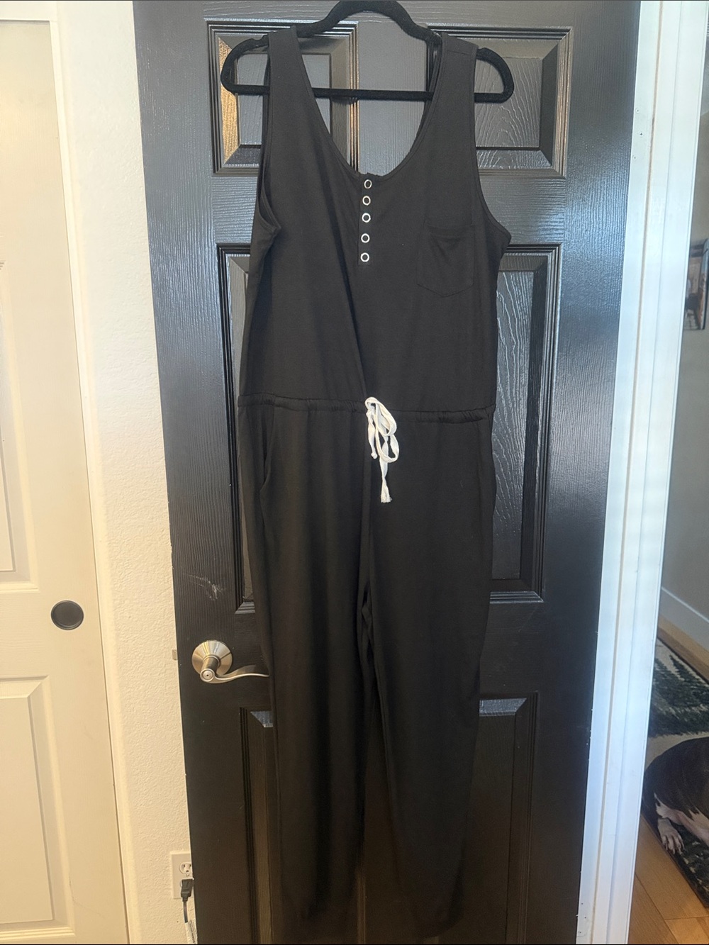 Woman’s Black Tank One-Piece Jumpsuit with Drawstring